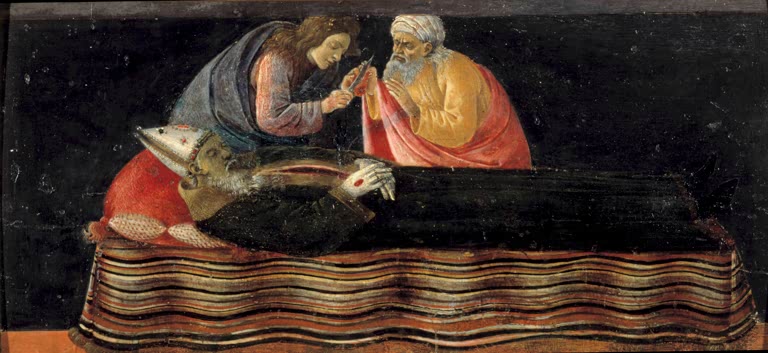Zwei Männer beugen sich über einen toten Bischof – Sandro Botticelli Die Entnahme des Herzens aus dem Leichnam Kunstkopie