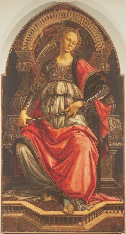 Thronende Frauengestalt in Rüstung und rotem Mantel mit Streitkolben – Sandro Botticelli Die Festung Kunstkopie