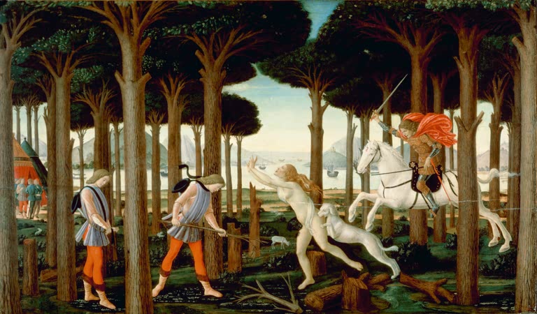 Flucht einer nackten Frau im Pinienwald – Sandro Botticelli Die Geschichte des Nastagio degli Honesti I Kunstkopie