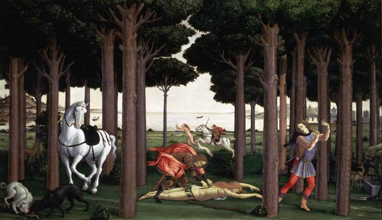 Pinienwald mit Reiter, Hunden und liegender Gestalt – Sandro Botticelli Die Geschichte von Nastagio degli Onesti Kunstkopie