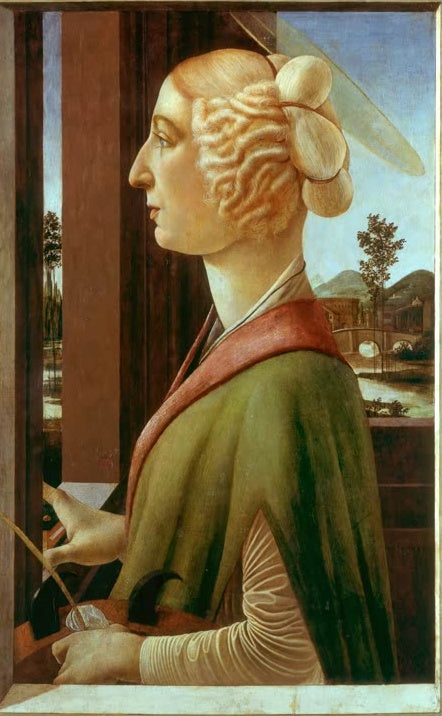 Sandro Botticelli Die heilige Katharina Kunstkopie, Frau mit Federkrone und grünem Mantel am Fenster mit Landschaftsblick