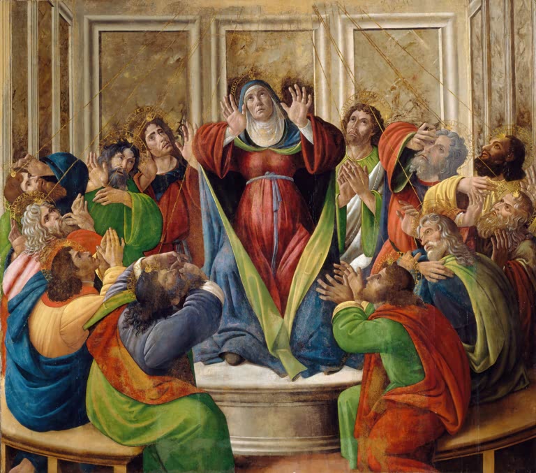 Maria mit erhobenen Händen im Kreis der Apostel – Sandro Botticelli Die Herabkunft des Heiligen Geistes Kunstkopie