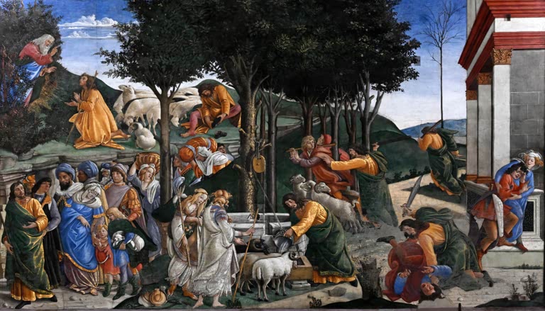 Fresko mit mehreren Episoden unter Bäumen mit Schafen und Gestalten – Sandro Botticelli Die Jugend des Mose Kunstkopie