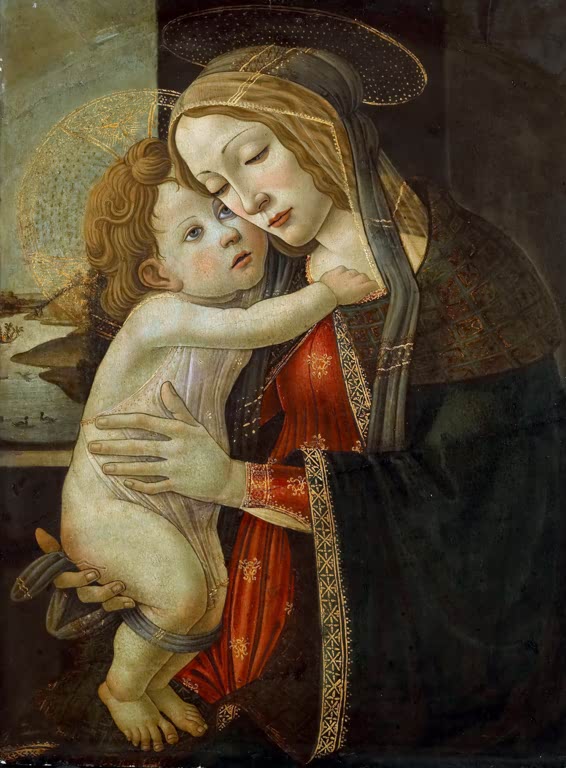 Maria hält das nackte Christuskind eng umarmt, dunkler Mantel – Sandro Botticelli Die Jungfrau mit dem Kind Kunstkopie