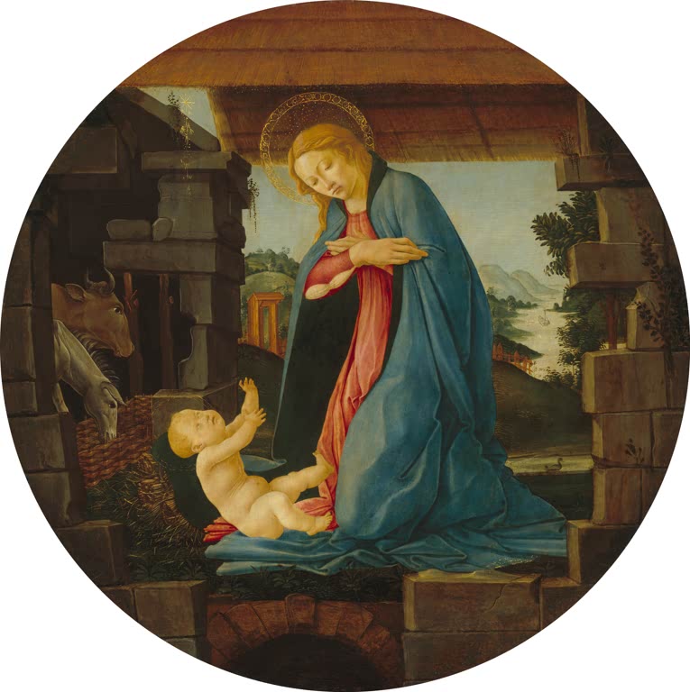 Rundbild: Maria in blauem Mantel betet das Kind an – Sandro Botticelli Die Madonna anbetend das Kind Kunstkopie