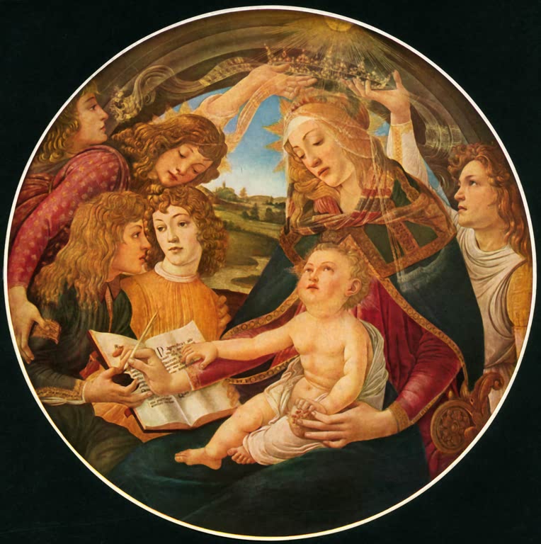 Tondo mit Maria, Christkind und fünf Engeln, ein Engel krönt Maria – Sandro Botticelli Die Madonna des Magnificat Kunstkopie