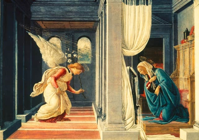 Der Engel kniet vor der betenden Maria in einer Säulenhalle – Sandro Botticelli Die Verkündigung an Maria Kunstkopie