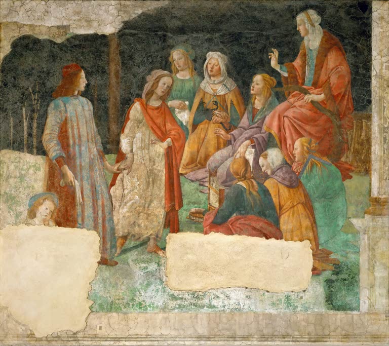 Fresko: Junger Mann inmitten von Frauengestalten im Park – Sandro Botticelli Ein junger Mann sieben freie Künste Kunstkopie