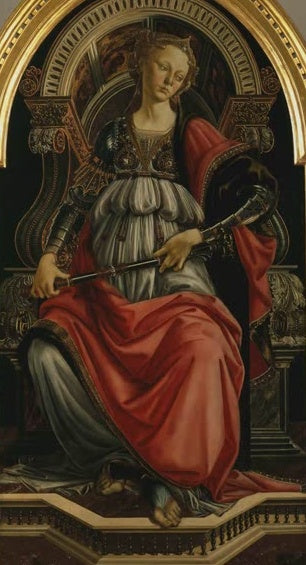Thronende Frauengestalt in Rüstung und rotem Mantel hält ein Zepter – Sandro Botticelli Fortitudo Kunstkopie