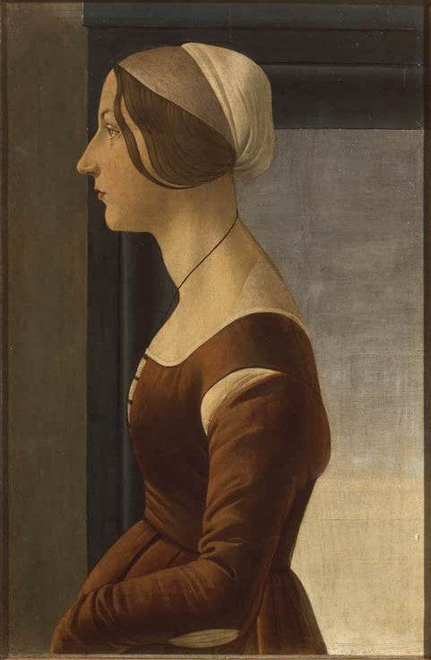 Frau im Profil mit heller Haube und braunem Kleid vor Wandnische – Sandro Botticelli Frauenbildnis Kunstkopie