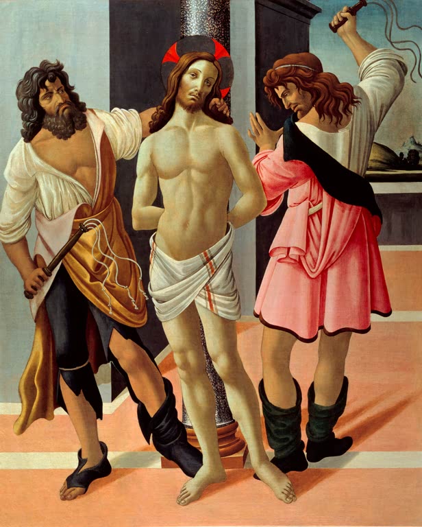 Christus an eine Säule gebunden, links und rechts zwei Peiniger – Sandro Botticelli Geißelung Christi Kunstkopie
