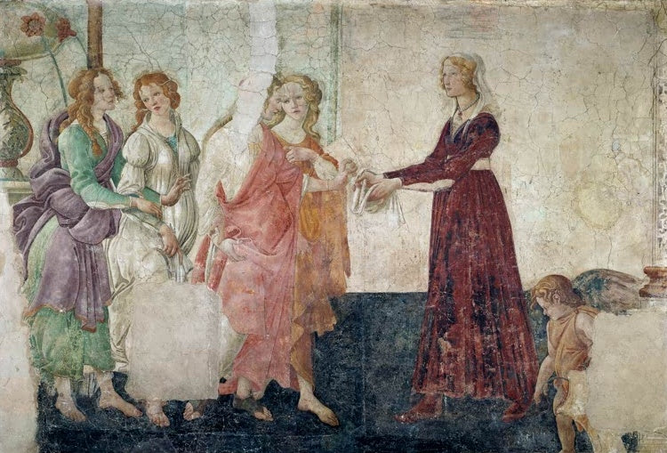 Sandro Botticelli Giovanna Tornabuoni und die drei Grazien Kunstkopie, Venus und Grazien schenken einer jungen Frau ein Tuch