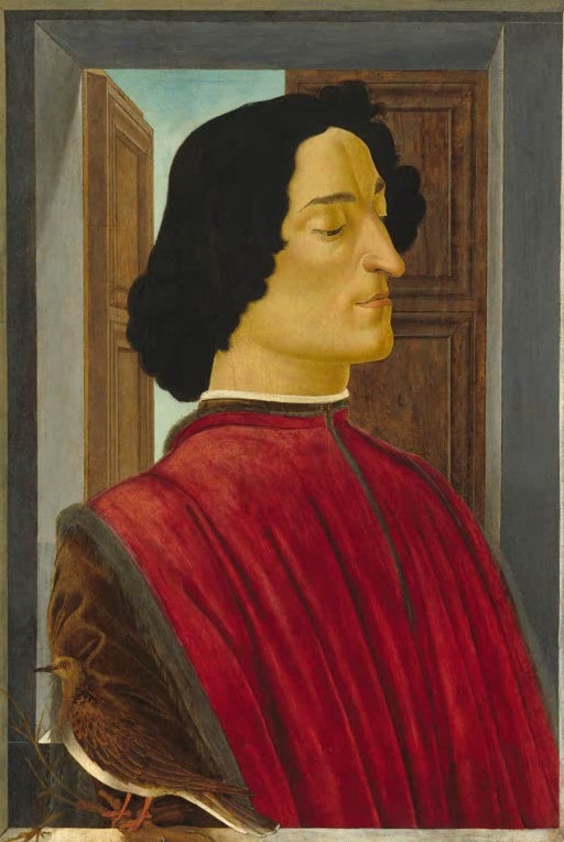Sandro Botticelli Giuliano de Medici Kunstkopie, Mann im Profil mit rotem Gewand vor Türrahmen und sitzender Taube