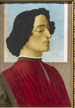 Profilbildnis eines Mannes mit dunklem Haar und rotem Gewand – Sandro Botticelli Giuliano de Medici Kunstkopie