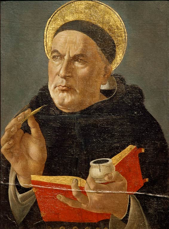 Mönch mit Goldnimbus hält Feder, Tintenfass und rotes Buch – Sandro Botticelli Heiliger Thomas von Aquin Kunstkopie