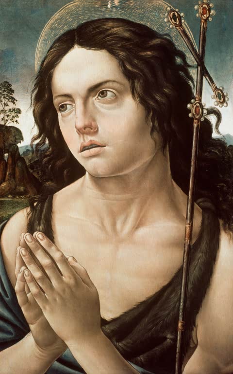 Junger Mann mit gefalteten Händen, Heiligenschein und Kreuzstab – Sandro Botticelli Johannes der Täufer Kunstkopie
