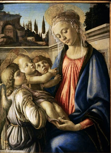 Maria hält das Kind, zwei Engel stehen links neben ihr – Sandro Botticelli Jungfrau mit Kind und zwei Engeln Kunstkopie
