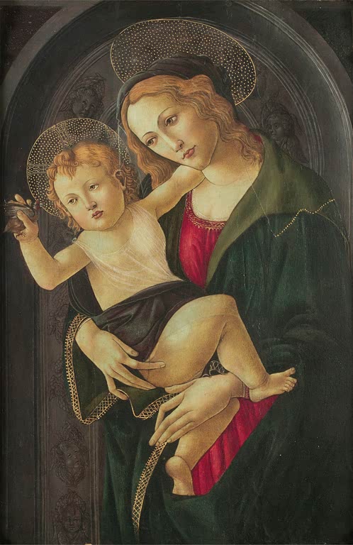 Maria hält das Kind in einer Nische, das Kind hebt die Hand – Sandro Botticelli Jungfrau und Kind in einer Nische Kunstkopie