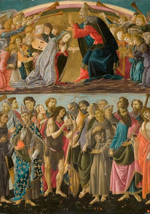 Oben Krönung Mariens im Engelskreis, unten stehende Heilige – Sandro Botticelli Krönung Mariä mit Heiligen Kunstkopie