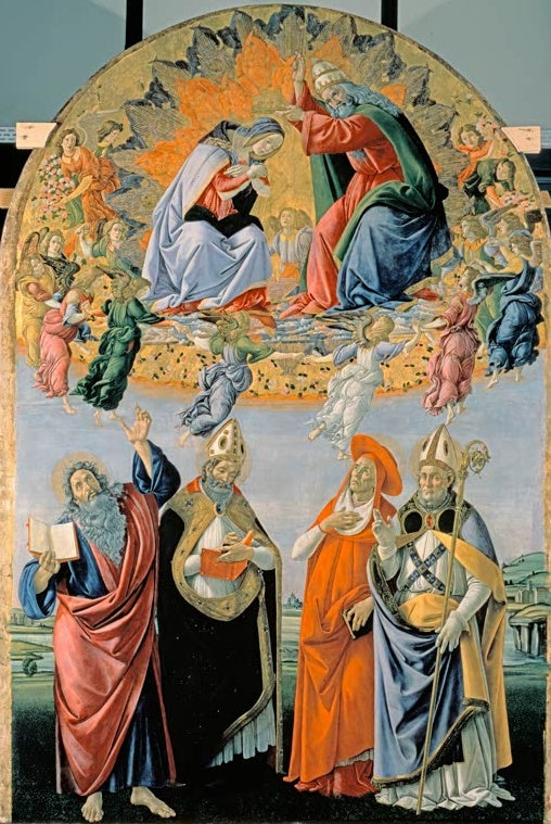 Krönung Mariens im Engelskranz über vier stehenden Heiligen – Sandro Botticelli Krönung Mariä mit vier Heiligen Kunstkopie