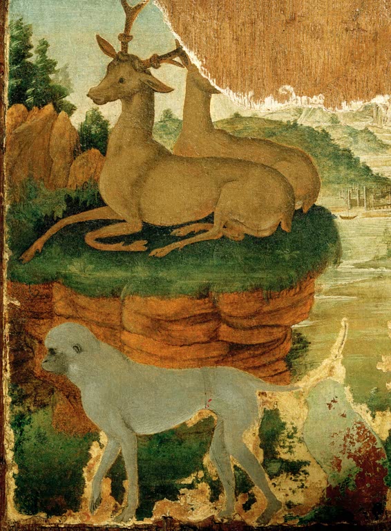 Zwei Rehböcke und ein heller Hund auf einem Felsplateau – Sandro Botticelli Landschaft mit Rehböcken Kunstkopie