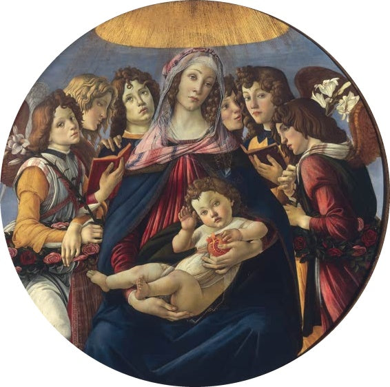 Rundbild: Maria mit Kind, umgeben von sechs Engeln – Sandro Botticelli Madonna des Granatapfels Kunstkopie