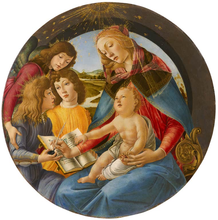 Rundbild mit Maria, Kind und drei Engeln, einer schreibt in ein Buch – Sandro Botticelli Madonna des Magnificat Kunstkopie