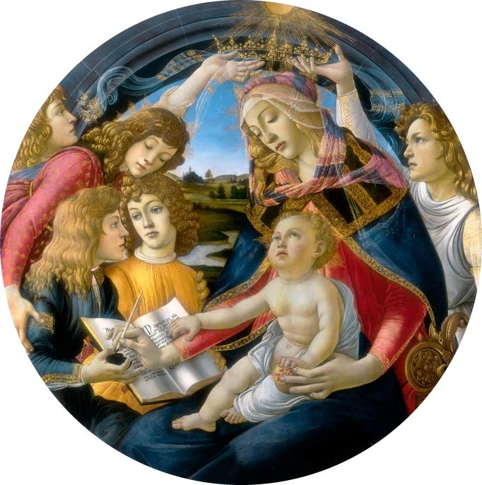 Rundbild: Maria, Kind und Engel, einer schreibt in ein Buch – Sandro Botticelli Madonna des Magnificat Kunstkopie
