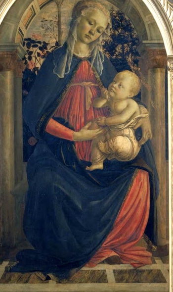 Maria sitzt mit dem Kind unter einem Bogen vor dunklem Grund – Sandro Botticelli Madonna des Rosenkranzes Kunstkopie