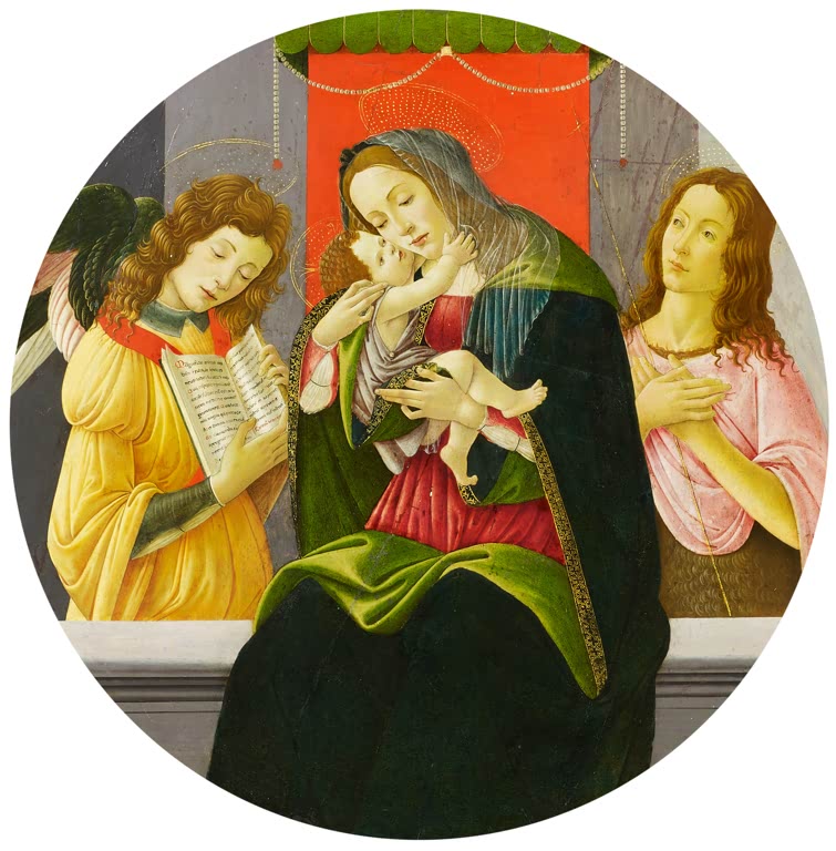 Rundbild: Maria mit Kind zwischen zwei Engeln vor rotem Vorhang – Sandro Botticelli Madonna mit dem Kind Kunstkopie