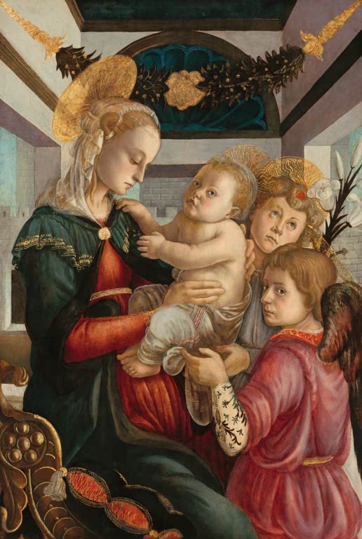 Maria mit dem Kind auf dem Schoß und zwei Engeln in einer Loggia – Sandro Botticelli Madonna mit Kind und Engeln Kunstkopie