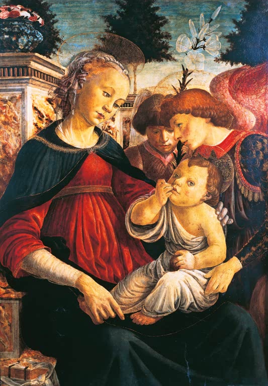 Maria mit dem Kind auf dem Schoß, ein Engel mit roten Flügeln neben ihr – Sandro Botticelli Madonna mit Kind Kunstkopie