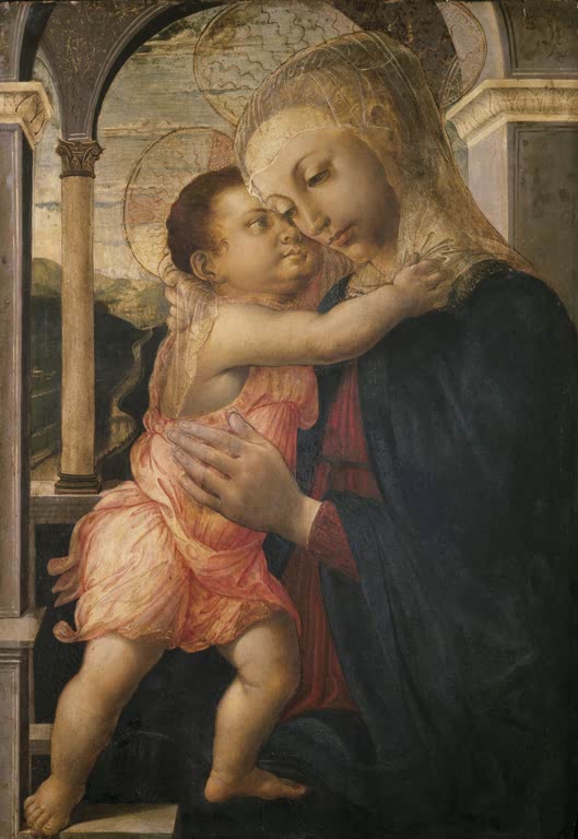 Maria umarmt das Kind im rosa Gewand unter einem Rundbogen – Sandro Botticelli Madonna mit Kind Kunstkopie