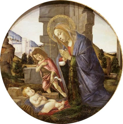Rundbild: Maria betet das schlafende Kind an, der kleine Johannes kniet – Sandro Botticelli Maria Kind Johannes Kunstkopie