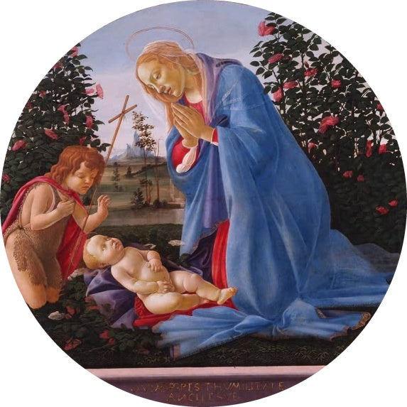 Rundbild: Maria betet das schlafende Kind an – Sandro Botticelli Maria mit dem Kind und dem kleinen Johannes Kunstkopie