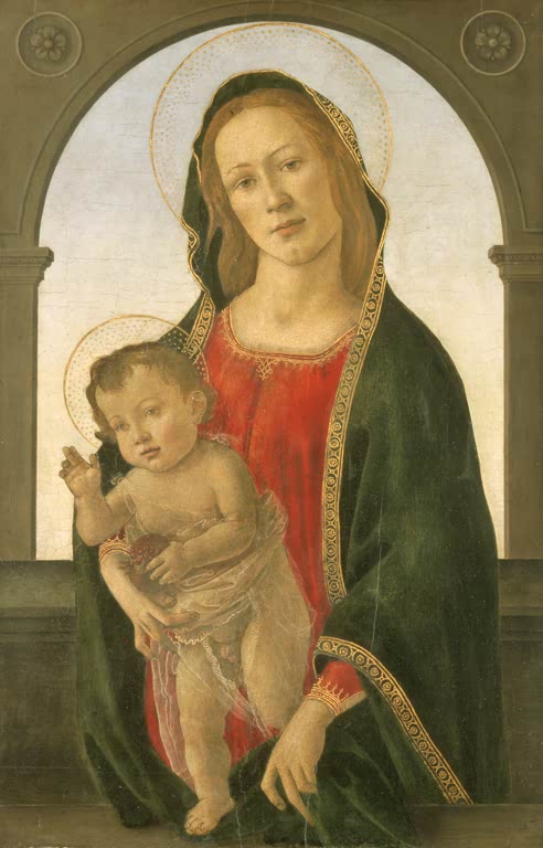 Maria in grünem Mantel hält das Kind mit Granatapfel unter einem Bogen – Sandro Botticelli Maria mit dem Kind Kunstkopie