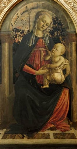 Maria sitzt mit dem Kind in einer Säulenarkade mit Rosen – Sandro Botticelli Maria mit dem Kind Kunstkopie