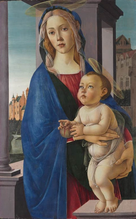 Sandro Botticelli Maria mit Kind Kunstkopie, Madonna mit Christuskind und Granatapfel vor Säulenloggia und Stadtsilhouette