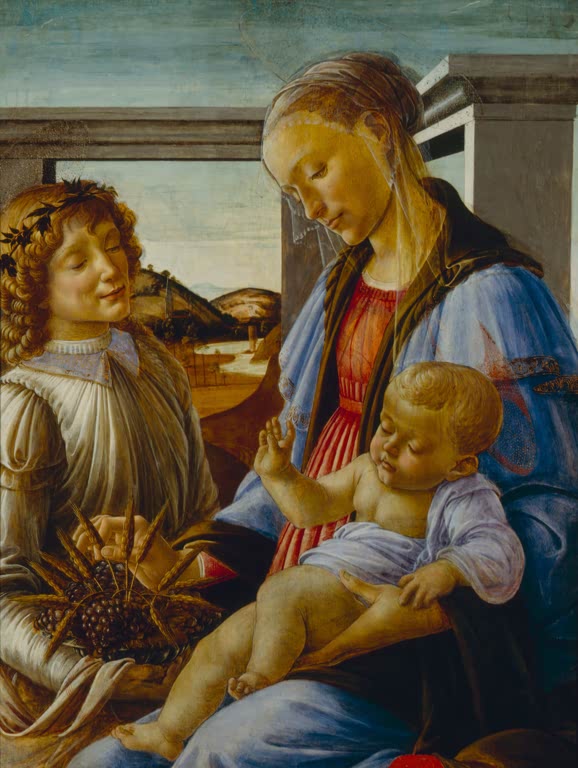 Maria hält das Kind auf dem Schoß, ein Engel steht links – Sandro Botticelli Maria mit Kind und einem Engel Kunstkopie