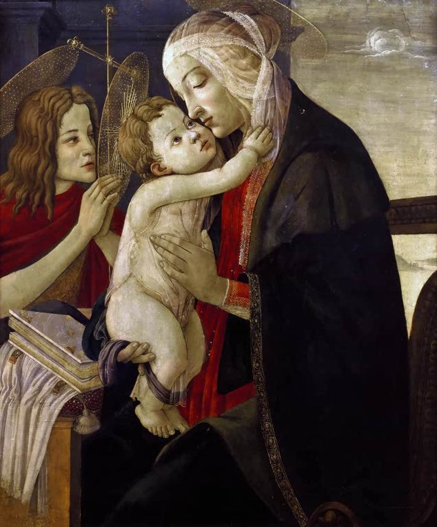 Sandro Botticelli Maria mit Kind und Engel Kunstkopie, Madonna und Christuskind mit Engel und goldenem Zierobjekt
