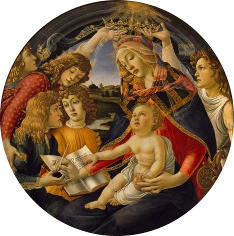 Rundbild: Maria, Kind und fünf Engel, einer hält ein Buch – Sandro Botticelli Maria mit Kind und fünf Engeln Kunstkopie