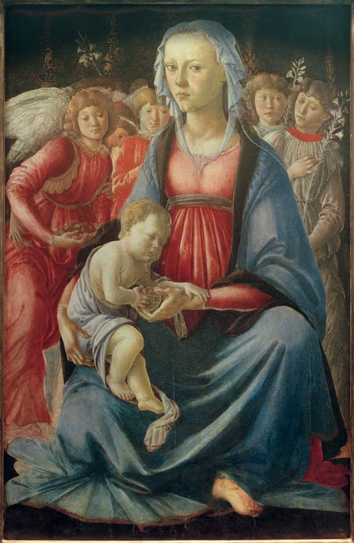 Maria mit dem Kind auf dem Schoß, hinter ihr fünf Engel – Sandro Botticelli Maria mit Kind und fünf Engeln Kunstkopie