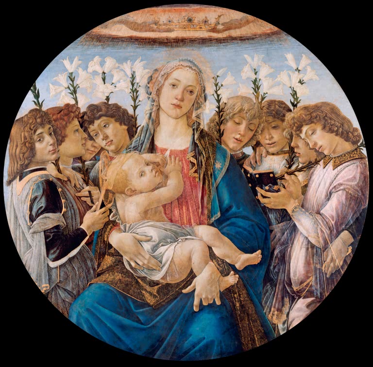 Rundbild: Maria mit Kind und Engeln mit Lilien – Sandro Botticelli Maria mit Kind und singenden Engeln Kunstkopie