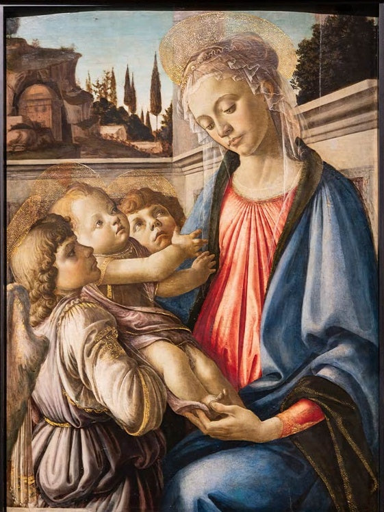 Sandro Botticelli Maria mit Kind und zwei Engeln Kunstkopie, kleine Engel stützen das Christuskind vor Marias blauem Mantel