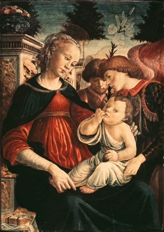 Maria mit dem Kind auf dem Schoß, zwei Engel beugen sich zu ihm – Sandro Botticelli Maria mit Kind und zwei Engeln Kunstkopie
