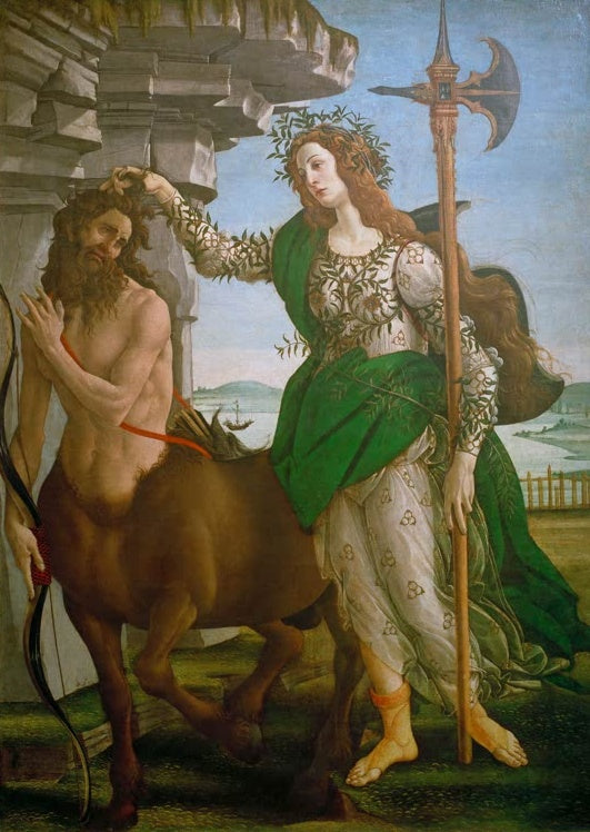 Pallas Athene in grünem Gewand hält einen Kentauren am Schopf – Sandro Botticelli Minerva und Kentaur Kunstkopie