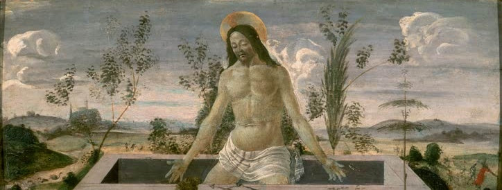 Christus mit Heiligenschein steigt aus dem Sarkophag in weiter Landschaft – Sandro Botticelli Mitleid Kunstkopie
