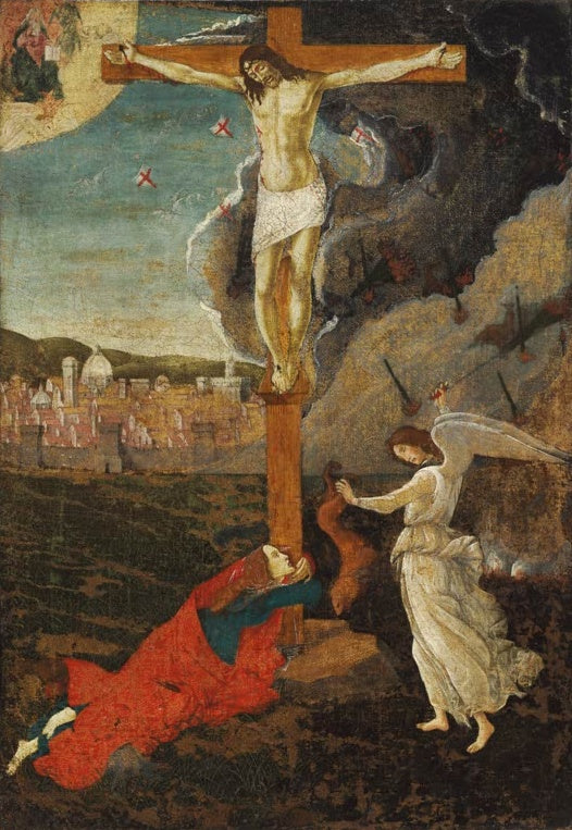 Sandro Botticelli Mystische Kreuzigung Kunstkopie, Christus am Kreuz über Florenz mit trauernder Maria Magdalena und Engel