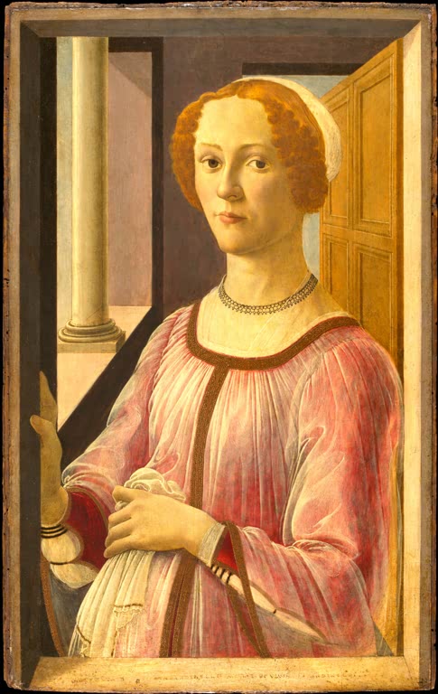 Frau mit gelocktem Haar und rosa Kleid im Fensterrahmen – Sandro Botticelli Porträt einer Dame am Fenster Kunstkopie
