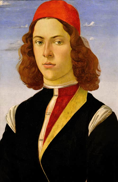 Junger Mann mit roter Kappe und lockigem Haar vor Himmel – Sandro Botticelli Porträt eines jungen Mannes Kunstkopie